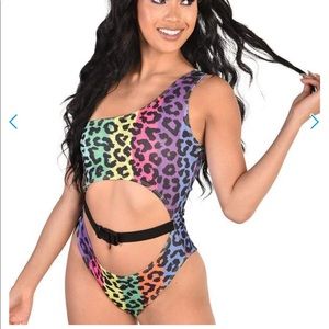 Iheartraves Rainbow Leopard One Shoulder Bodysuit